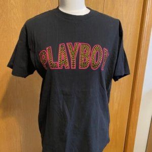 Pacsun PLAYBOY Black T-Shirt Top Pink Rhinestone Bling Size Small S EUC